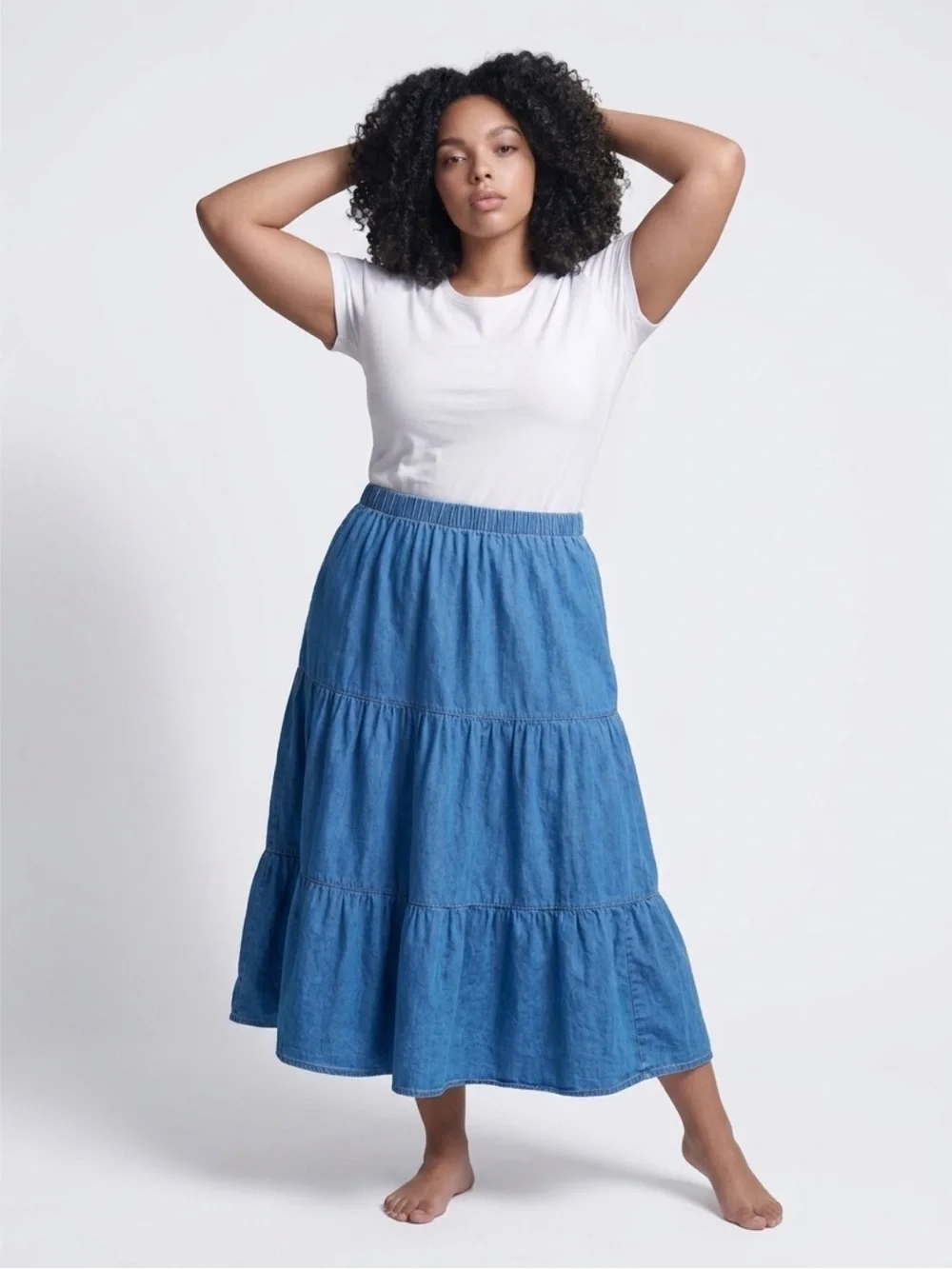 Lane Bryant 100 % Cotton Blue Tiered Denim Maxi Skirt size 14/16